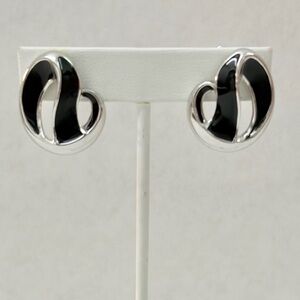 Trifari silver and black enamel clip-on earrings